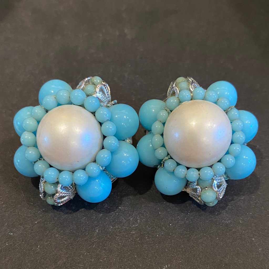 Elegant Japan Blue Glass And White Beaded Earrings 25$